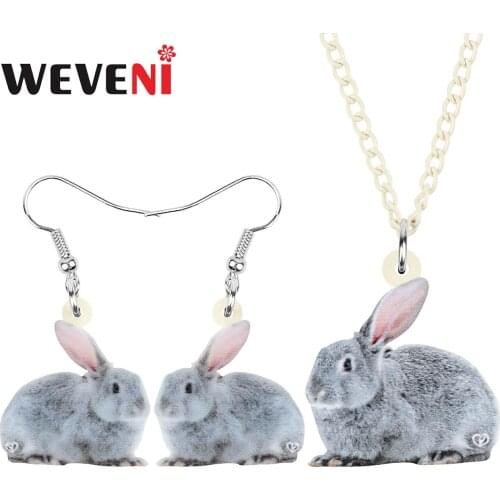 WEVENI Acrylic Grey Easter Bunny Hare Rabbit Jewelry Sets Cute Pet Animal Earrings Necklace For Women Kids Novelty Party Gift