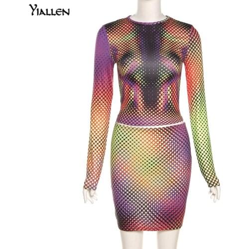 Yiallen Summer Autumn Polka Dot Print Two Pieces Set Women Slim Long Sleeve T Shirt And High Waist Mini Skirt Street Lady Sets