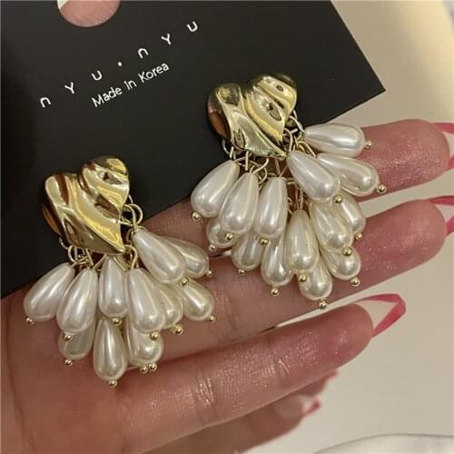 Origin Summer Statement Gold Irregular Love Heart Dangle Earring for Women Connect Waterdrops Simulation Pearl Earring Jewelry