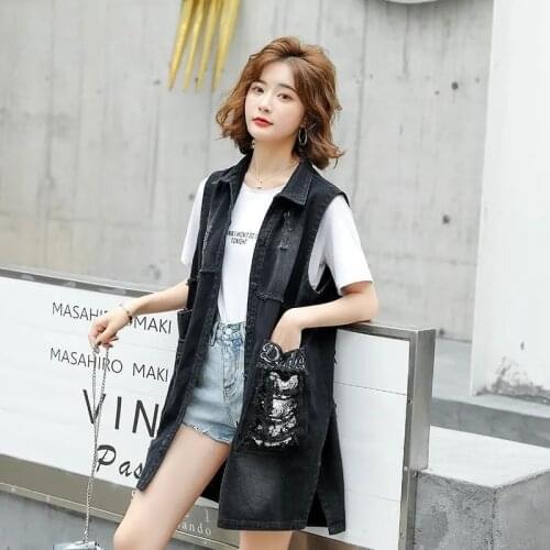 Cowboy Vest Female 2021 Spring And Summer New Embroidery Sequin Waistcoat Casual Wild Large Size Loose Mid-Length Jacket