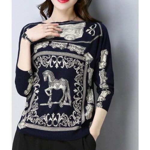 Vintage Runway Designer Brand Knitted Sweater 2018 Women Slash Neck Pullovers Print Long Sleeve Korean Fashion Jumper Autumn