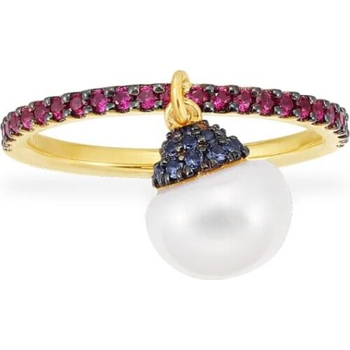 SLJELY High Quality Fashion Pure 925 Sterling Silver Natural Pearl Burgundy Red Ring Micro 5A Zirconia Women Fine Brand Jewelry