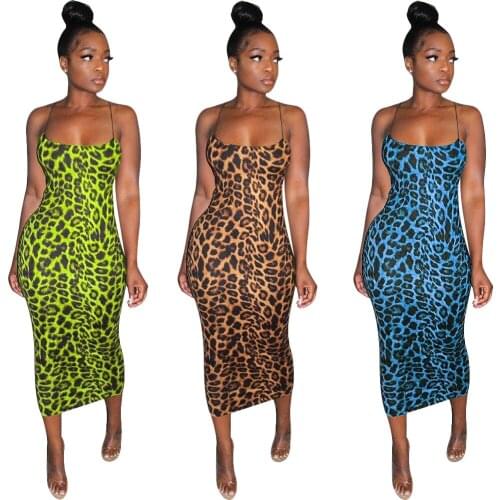 Echoine Sleeveless Strap Leopard Print Long Dress Skinny Bodycon Sexy Vintage Vestidos Plus Size Summer Elegant Party Dresses