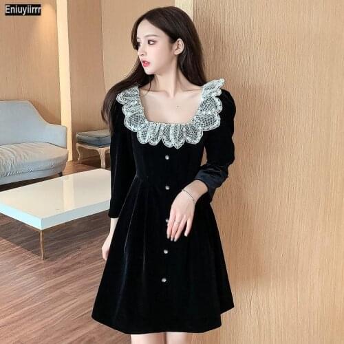 2021 New Design Womens Fashion Cute Winter Basic Wear Mini Little Black Patchwork White Lace Dress