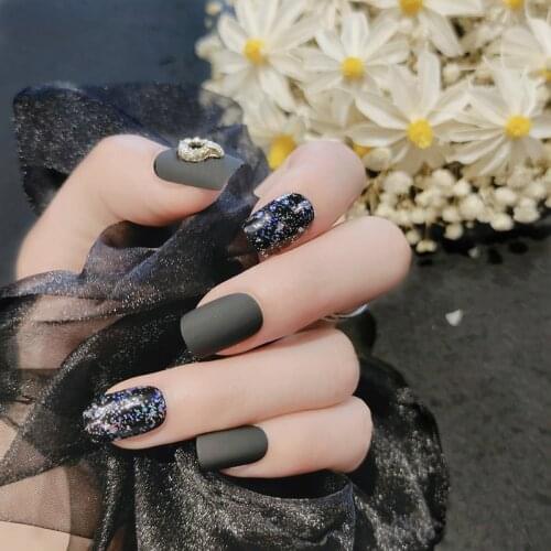 24pcs Black Matte Fake Nail Patch Glue Type Removable Mid Length Paragraph Fashion Manicure False Save Time Nails Patch