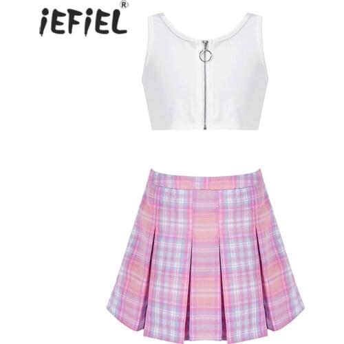 Summer Kids Child Clothes Set Zipper Front Tank Crop Tops+Tutu Skirt School Girls Skirts Princess Mini Plaid Pleated Skirt 4-16Y