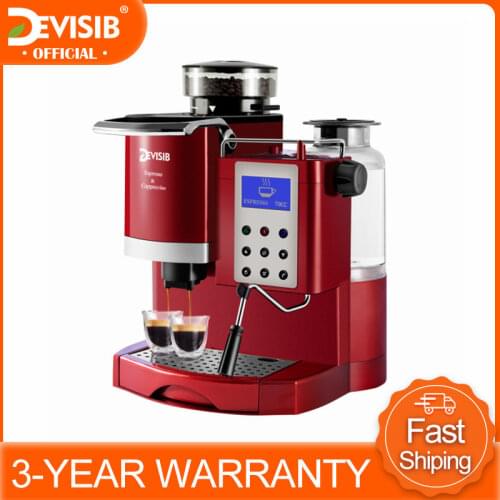 DEVISIB Express Barista Coffee Machine Maker with Conical Burr Grinder Milk Warmer for Make Espresso Latte Cappuccino Americano