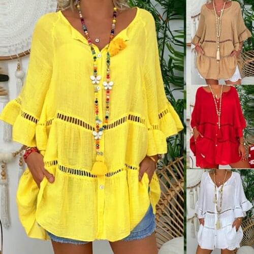 2021 New Womens 3 / 4 Flare Sleeve Summer Casual Cotton Hemp V-neck Loose Button Hollow Out Oversized S-5xl Top T-shirt Female