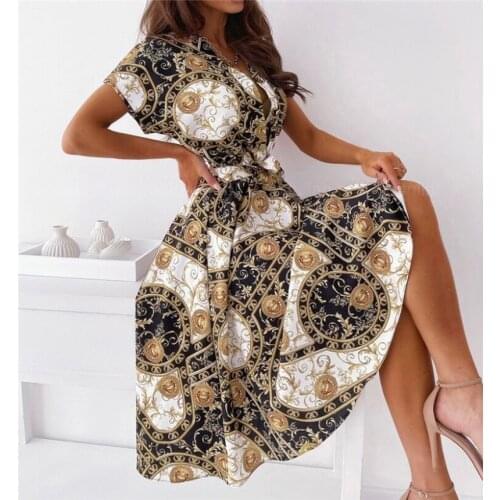 Fashion Women Short Sleeve Shirt Belt Dress Summer Flower Printed OL Mini Dresses Laides V-neck Slim Sundress Party Dresses