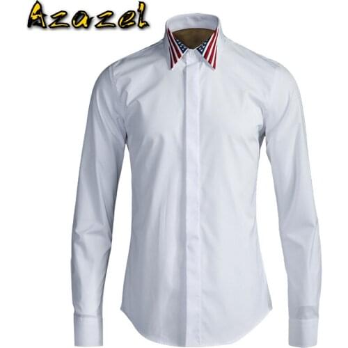 Azazel Men Shirt Luxury American Flag Embroidery Long Sleeve Shirts Men Plus Size Fashion Slim Fit Cusual Black White Man Shirts