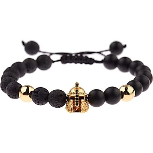 DOUVEI Natural Lava Stone Beads Black Zircon Gold Roman Wrrior Helmet Braided Bracelet Men Bead Charm Bracelets Women ABL023