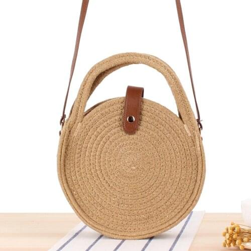 New Mori Straw Bag Cotton Rope Single Shoulder Woven Handbags Small Round Messenger LadiesTravel Beach Bags Purses 2021 Summer