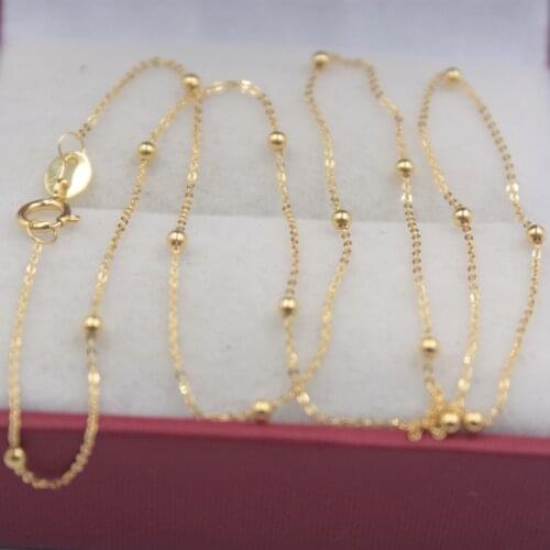 Real 18k Yellow Gold Chain Women Luck Mini Beads & O Chain Link Necklace 40-60cmL 1.5mmW