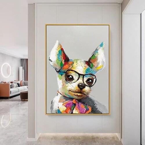 100% Hand-painted High Quality Lovely Animal Dog Oil Painting on Canvas Cartoon Handsome Dog with Glasses Oil Painting No Frame