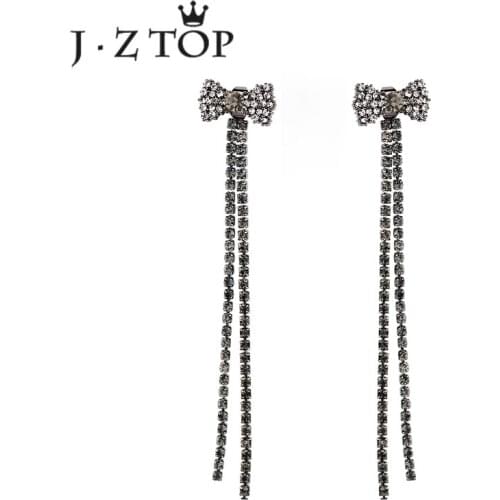 JZTOP Fashion Crystal Tassel Stud Earrings Bowknot After Hanging Long Earrings For Woman Boucle D'oreille Jewelry Gift