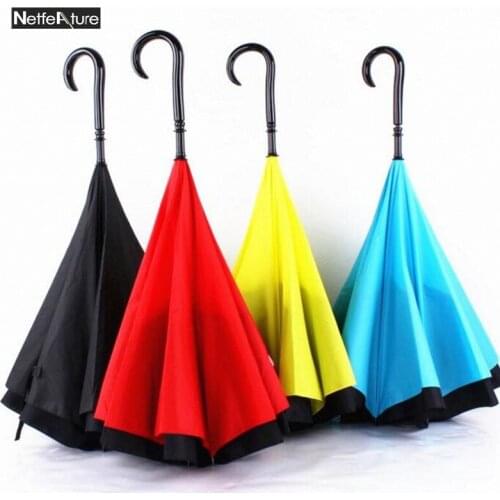 Long Handle Double Layer Folding Reverse Umbrella Strong Windproof Rolling Over Self Stand Hanging Unisex Create Car Umbrella
