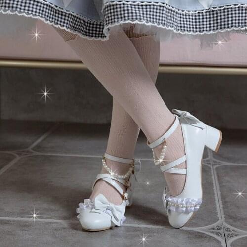 YQBTDL Lolita Shoes Kawaii Pumps 2021 Loli Style Bowknot String Bead Pink Cosplay College Students Girls LoliShoes High Heel 4cm