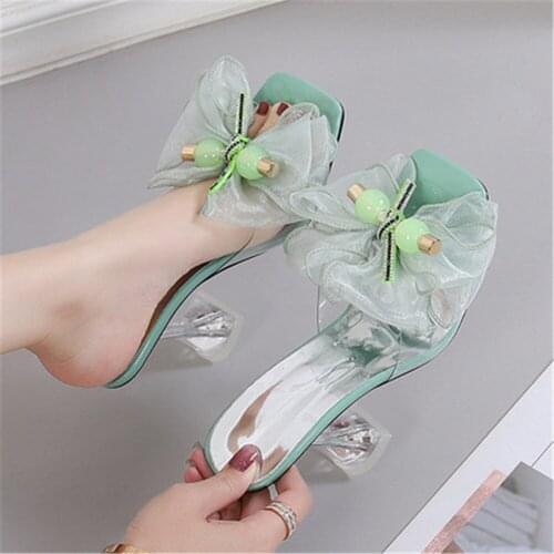 Slippers Womens Fashion 2021 New Open Toe Banquet High Heel Sandals Square Head Shoes Female 9CM Thin Heel Rhinestone Bow Mules