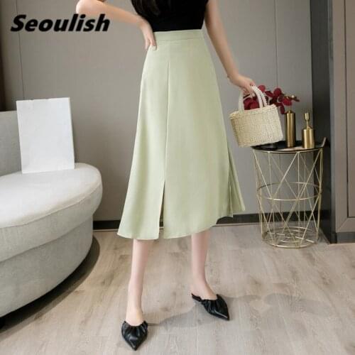Seoulish 2021 New Spring Summer Elegant Umbrella Women Midi Skirts Side Split High Waist Solid Loose Female Office A-Line Skirts