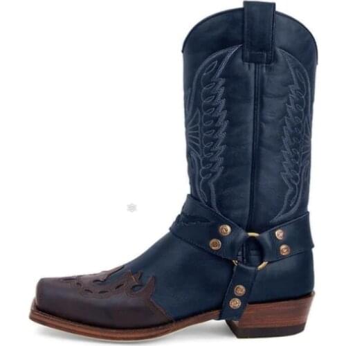 Woman Mid-Calf Boots Vintage PU Leather Embroidery Western Cowboy Boots Plus Size Autumn Winter Square Toe Slip On Casual Shoes