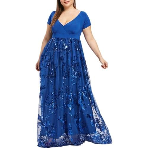 Women Plus Size V-neck Short Sleeve Dresses Fashion Floral Sequined Evening Party Mesh Dress Vestidos De Verano #G3