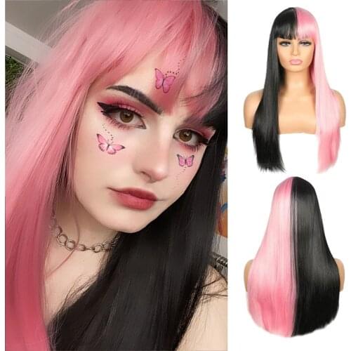 Pink and Black Wig Long Straight hair Cosplay Wig Two Tone Ombre Color Women Synthetic Hair Wigs