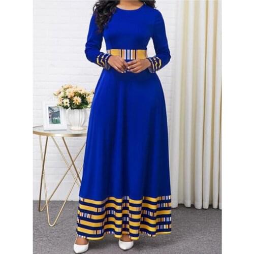 Summer Womens African Traditional Fashion Dress O Neck High Waist Large Size Big Swing Long Sleeve Maxi Dress New Style 2021