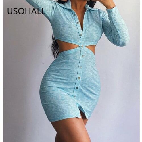 USOHALL New Turn-Down Collar Single Breasted Women Dresses Sexy Hollow Out Long Sleeve Dress