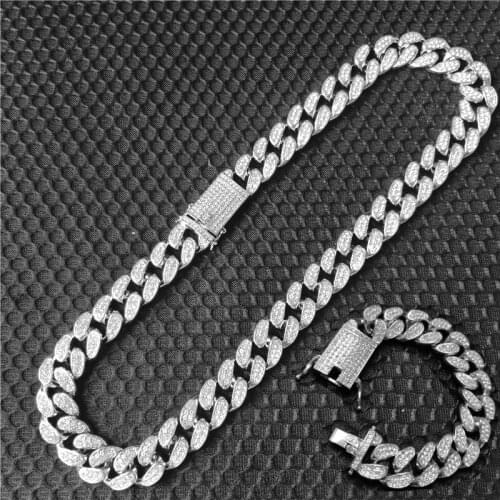 2pcs Kit Hip Hop 20MM Full Heavy Iced Out Paved Rhinestone CZ Miami Curb Cuban Rapper Bracelet Necklaces For Men Jewelry