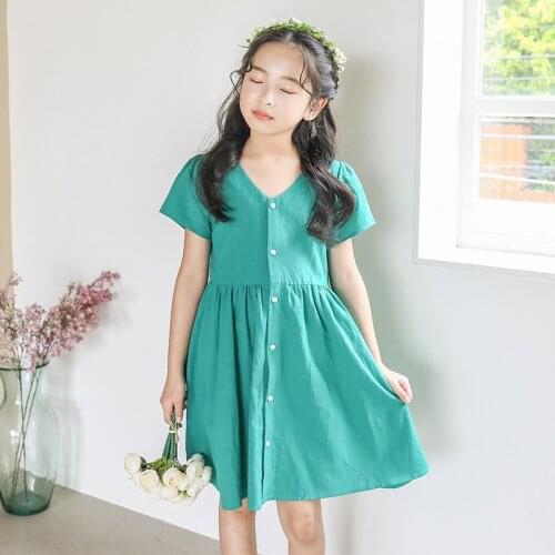 2020 Summer Baby Girls Cotton Linen Dress Korean Style Button Green Dresses Cute Children Clothing Kids Princess Frocks