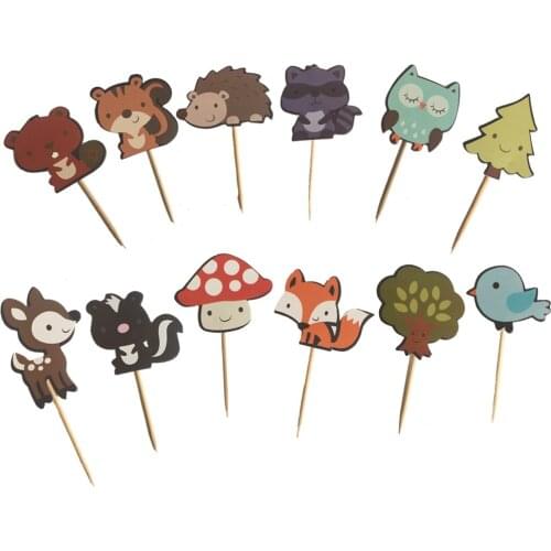24pcs Woodland Animal Friends Cake Toppers Cupcake Toppers Picks for Birthday Wedding Party Cake Food Dessert Decoration