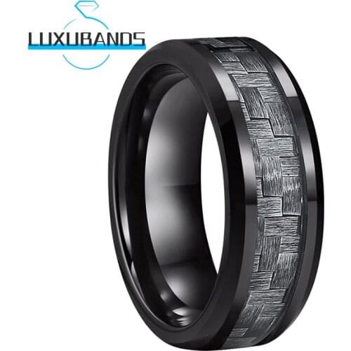 8MM Tungsten Rings For Women Men Grey Carbon-Fiber Inlay Black Beveled Edges Polished Finished Comfort Fit
