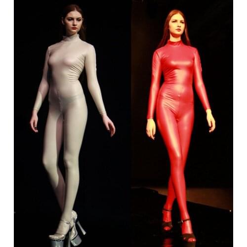 Glitter Zipper Open Crotch Long Sleeve Bodysuit Winter Jumpsuit Women Full Body Mujer Overalls Latex Sexy One Piece With Gloves