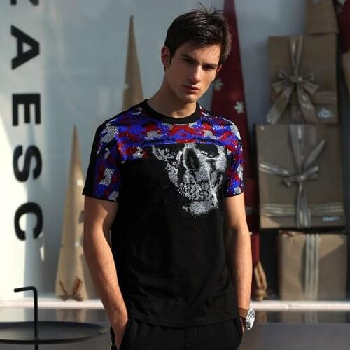 AlexPlein Man Clothing Fashion Skull Rhinestones Crystal Streetwear Cotton Tshirt Men Cotton Funny Round Neck 2021 Summer Best