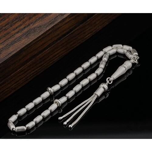 Capsule Cut Striped Silver Prayer Beads Model 1