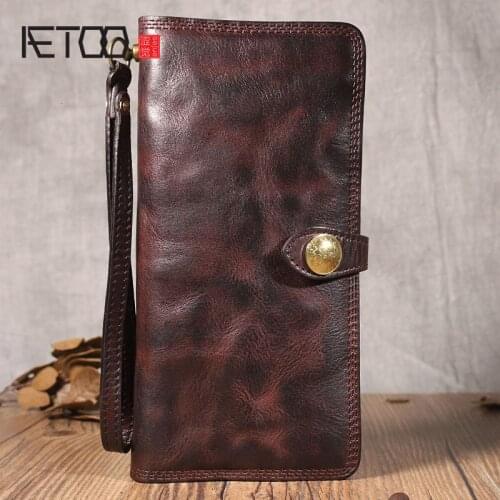 AETOO Retro multifunctional first layer cowhide long wallet, wrinkled multi-card buckle leather wallet