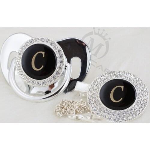 MIYOCAR Gold name black Initials letter C lovely bling pacifier and pacifier clip set BPA free dummy bling unique design LC-W