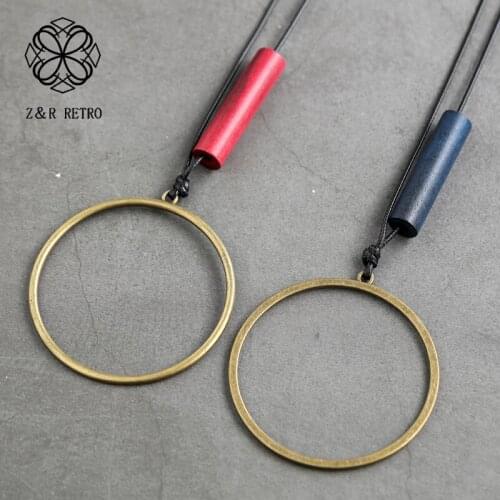 Fashion Wooden Pendants Simple Necklace Jewelry For Women Vintage Handmade Gold Circle Geometric Long Rope Chain Neck Decoration