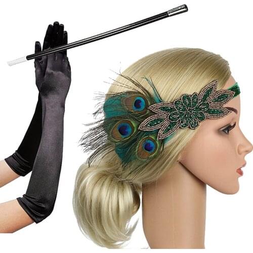 1920s Flapper Accessories Feather Headband Gloves Cigarette Holder 3 Pack Gatsby Party Costume Accessories Set for Women
