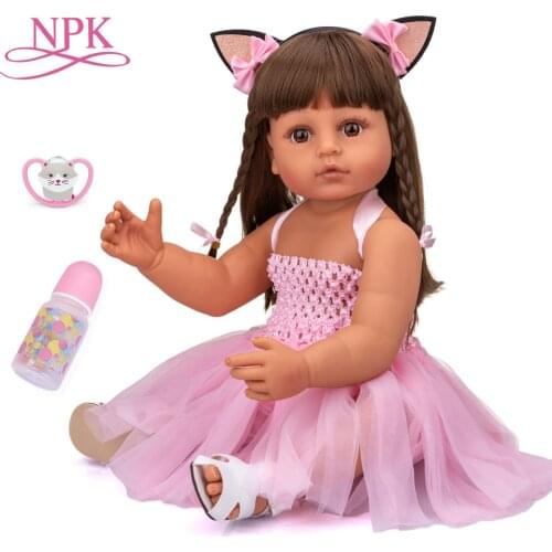 NPK 55CM Real size brown tan skin reborn toddler girl pink princess bath toy very soft full body silicone girl doll surprice