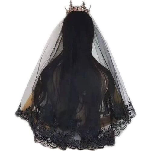 Single Layer Women Girls Cover Face Mantilla Black Wedding Veil Embroidery Eyelash Floral Lace Trim Halloween Cosplay Costume