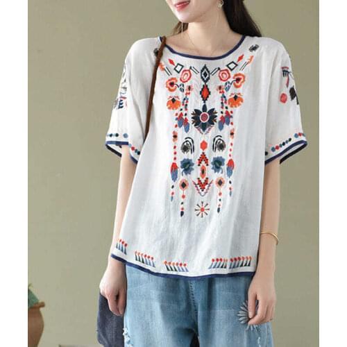 Plus size Women Clothes Linen Embroidery Vintage Blouse Shirt Summer 100% Cotton High quality Ladies Tops Casual White
