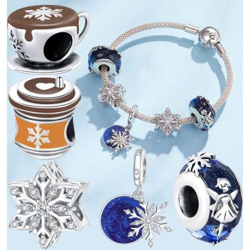 Snowflake series pendant 100% 925 sterling silver charm Snow Fairy beads fit bracelet DIY Winter Coffee jewelry for women gift