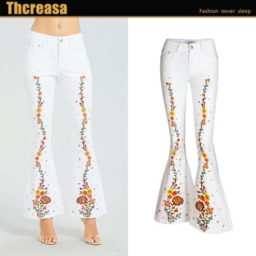 Hot Selling Womens Pants Embroidery Casual Wide Leg Pants Pure White Flare Women Jeans
