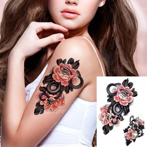 Waterproof Temporary Tattoo Sticker Black Snake Peony Flower Metal Chain Fake Tatto Flash Tatoo Hand Arm Art for Women Men