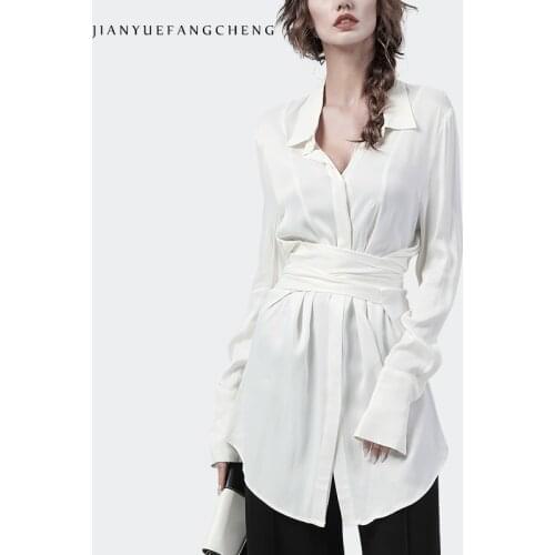 100% Viscose Womens Long White Shirt Full Sleeve Turn-Down Collar Fitted Waist Satin Button-Down Tops Elegant Office Blouses
