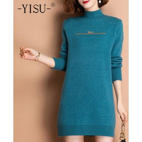 YISU Winter Women Sweater Solid color Half turtleneck Casual Long section Jumper cashmere Knitted pullover Warm Winter tops