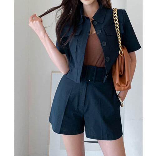 New arrival fashion safari style set for women summer temperament office lady casual top and short pants slim two piece sets