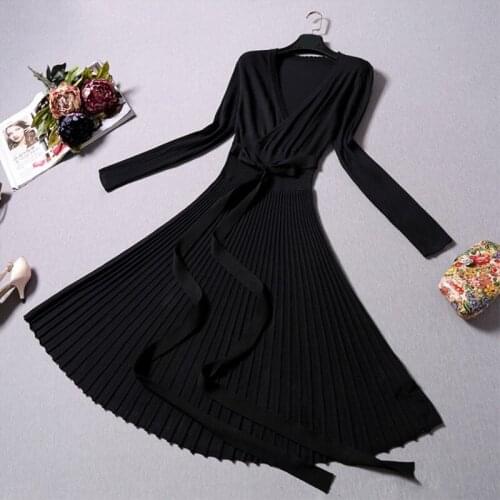 Women Elegant Sweater Dress Knit Spring Autumn Spring Fit Flare A-line Dress Sash Plus Size Vestido De Festa 2018 New