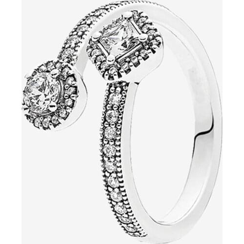 Original 925 Sterling Silver Pan Ring Glittering Square And Round Ring For Women Wedding Party Gift Fashion Jewelry